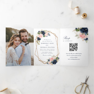 Faire-part Trois Volets Mariage floral couleur marine et bleu