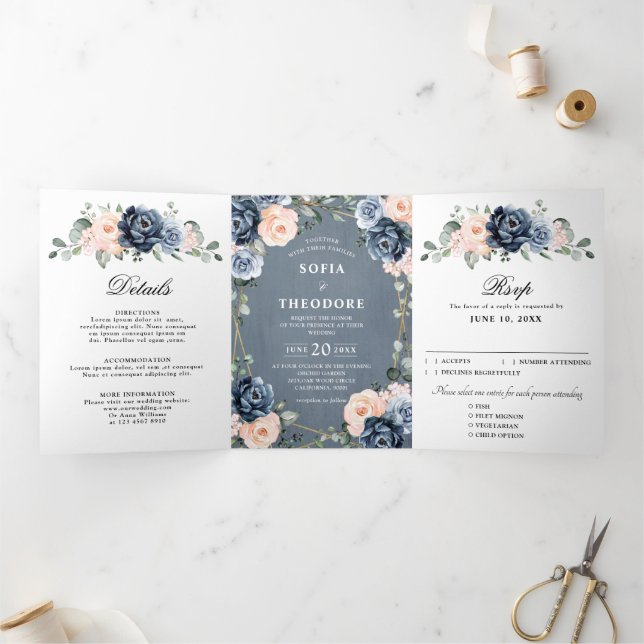 Faire-part Trois Volets Mariage floral géométrique Tr bleu foncé (Intérieur)