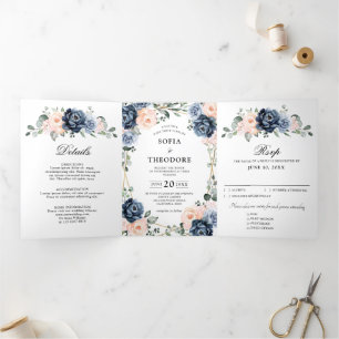 Faire-part Trois Volets Mariage floral géométrique Tr bleu foncé