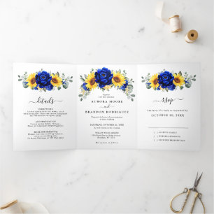 Faire-part Trois Volets Mariage floral moderne rustique bleu royal tournes