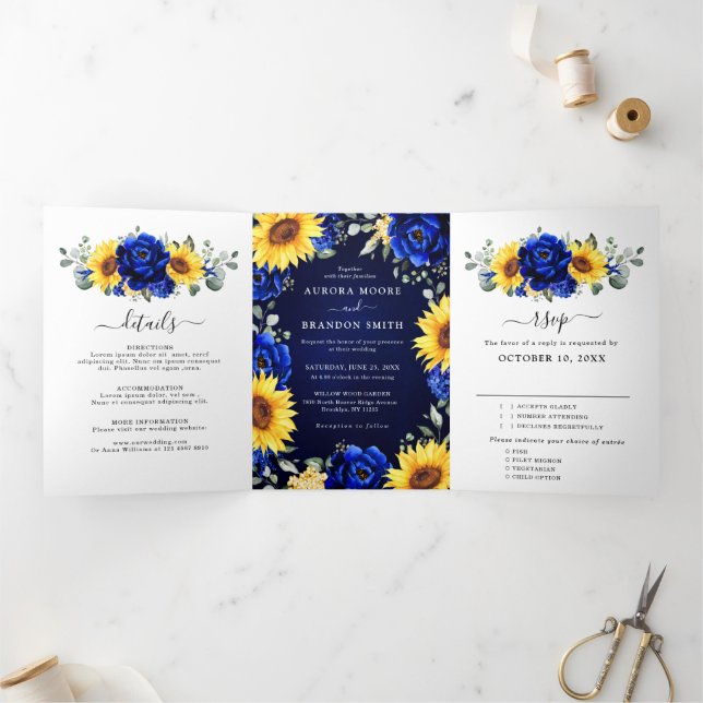Faire-part Trois Volets Mariage Floral Moderne Rustique Tournesol Bleu Roy (Intérieur)