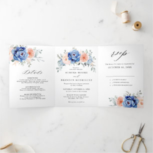 Faire-part Trois Volets Mariage floral rose bleu marine