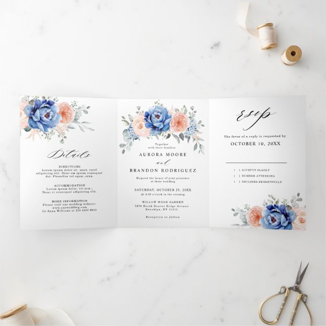 Faire-part Trois Volets Mariage floral rose bleu marine (Intérieur)