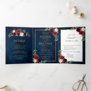 Faire-part Trois Volets Mariage géométrique bleu marine Aquarelle bleu or
