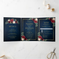 Mariage géométrique bleu marine rouge bordeaux or