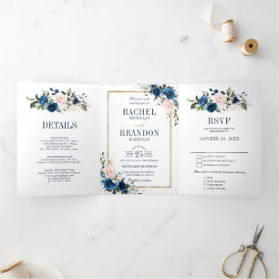 Faire-part Trois Volets Mariage géométrique bohème Rose Rose Blush Bleu Ma