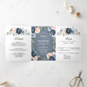 Faire-part Trois Volets Mariage géométrique floral bleu poussiéreux rose p