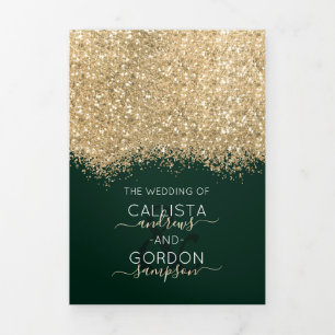 Faire-part Trois Volets Mariage Moderne Luxueux Confettis Pailletés Verts 
