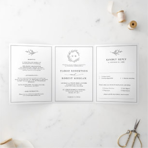 Faire-part Trois Volets Mariage moderne minimaliste à feuille noire et bla