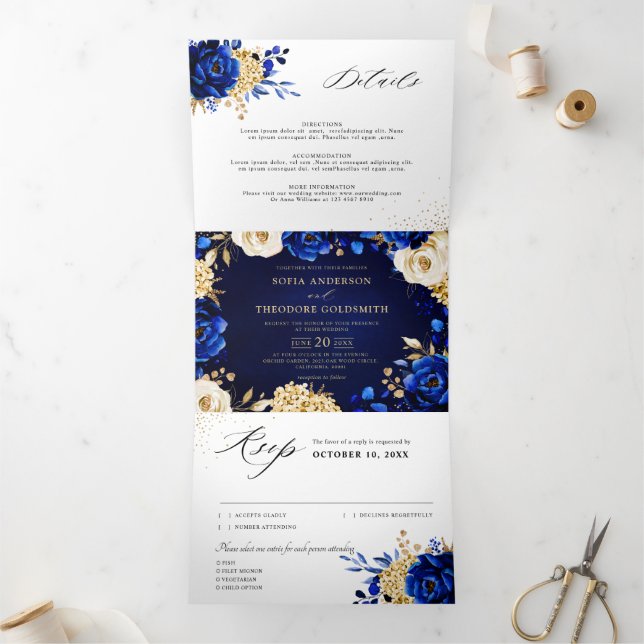 Faire-part Trois Volets Mariage Tri floral métallisé bleu royal jaune or (Intérieur)
