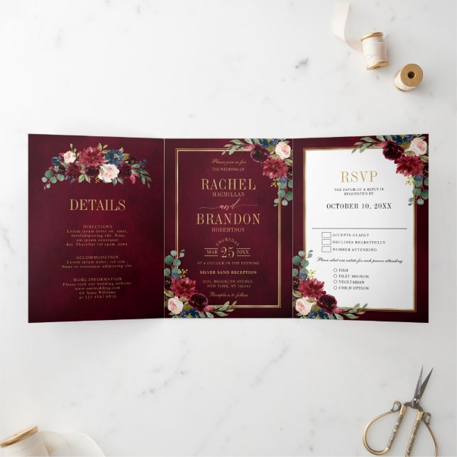 Faire-part Trois Volets Marine Bleu Bourgogne Or Mariage géométrique Tr (Intérieur)