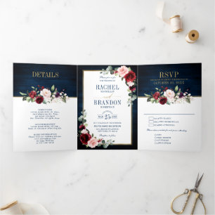 Faire-part Trois Volets Marine Bleu Bourgogne Or Mariage géométrique Tr