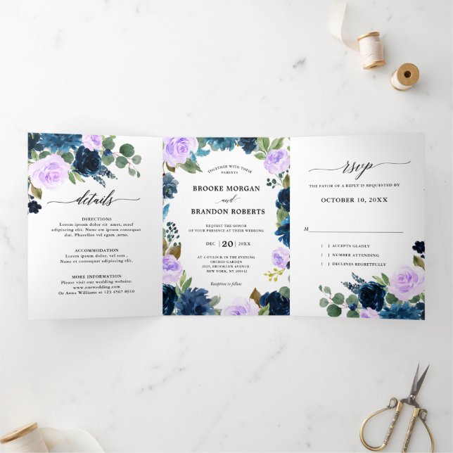 Faire-part Trois Volets Marine bleu violet lavande Boho mariage botanique (Intérieur)
