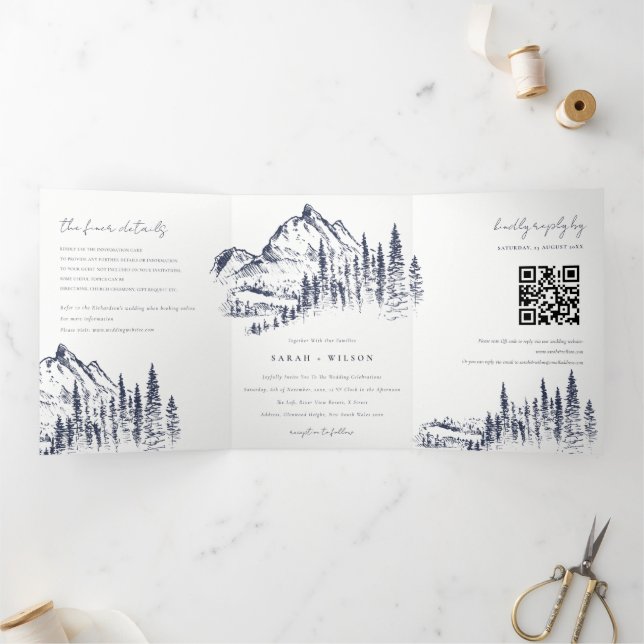 Faire-part Trois Volets Marine Pine Woods Mountain Sketch Mariage QR Code (Intérieur)