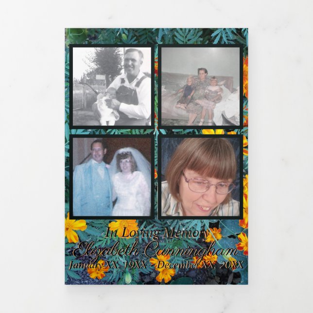 Faire-part Trois Volets Memorial Four Photos sur Marigold Arrière - plan (Page de couverture)