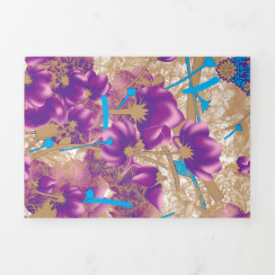 Faire-part Trois Volets Motif floral vif avec violet et bleu f