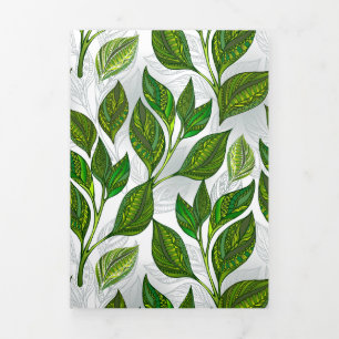 Faire-part Trois Volets Motif sans couture avec Feuilles de thé vert