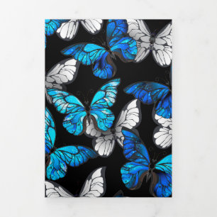 Faire-part Trois Volets Motif sans couture sombre avec papillons bleus Mor