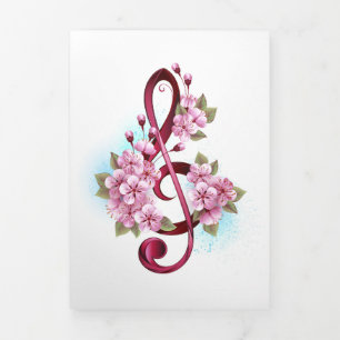Faire-part Trois Volets Musical treble clef notes with sakura flowers