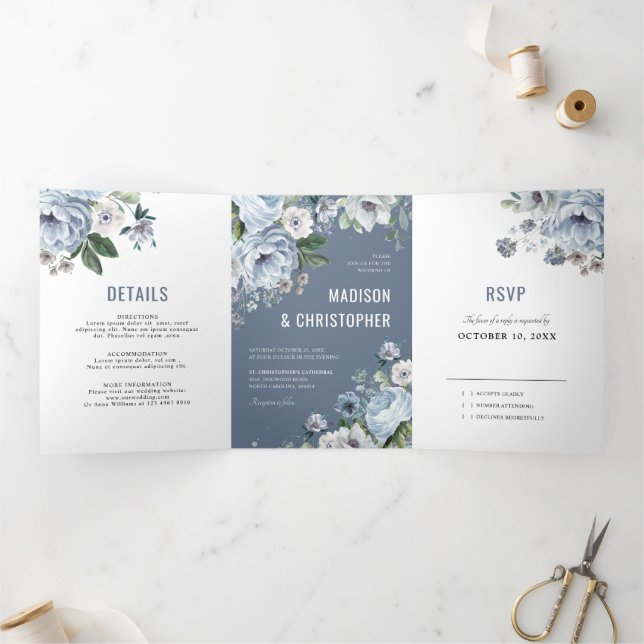 Faire-part Trois Volets Nuances de Gris Bleu Poussiéreux Mariage Rustique  (Intérieur)