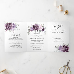 Faire-part Trois Volets Nuances de pourpre Dusty fleurs Moody Floral Maria