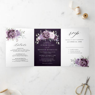 Faire-part Trois Volets Nuances de pourpre Dusty fleurs Moody Floral Maria