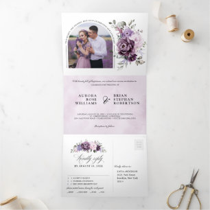 Faire-part Trois Volets Nuances de pourpre Dusty fleurs Moody Floral Maria