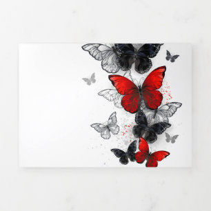 Faire-part Trois Volets Papillons noirs et rouges volants