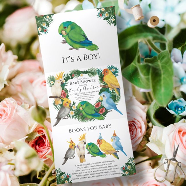 Faire-part Trois Volets Parrots tropicaux verdoyants Baby shower exotique  (Créateur téléchargé)