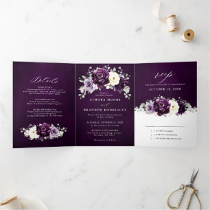 Faire-part Trois Volets Poupée d'aubergine Plum ivoire blanc Mariage flora