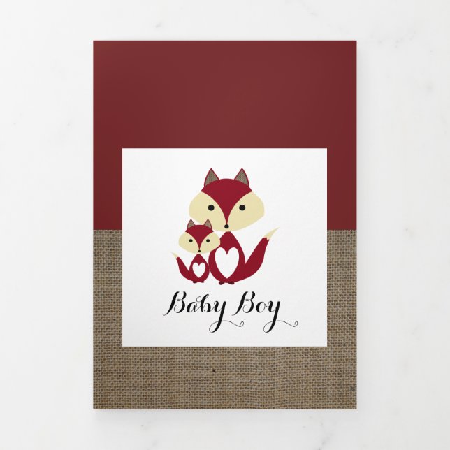 Faire-part Trois Volets Red Fox Burlap, 5 Photo Collage Bébé Naissance (Page de couverture)