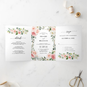 Faire-part Trois Volets Rose Pâle Floral Or Géométrique Botanique Mariage