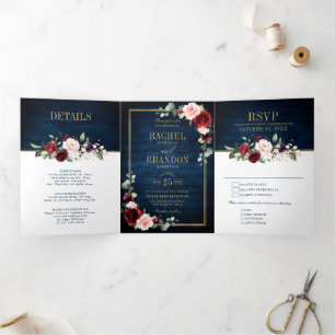 Faire-part Trois Volets Rouge bordeaux blush bleu marine or géométrique ma