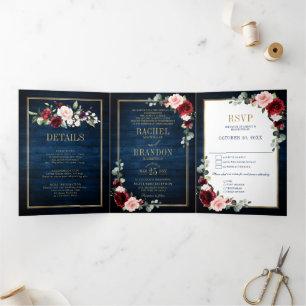 Faire-part Trois Volets Rouge bordeaux blush bleu marine or géométrique ma