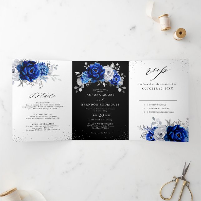 Faire-part Trois Volets Royal Bleu Blanc Métallique Argent Floral Mariage  (Intérieur)
