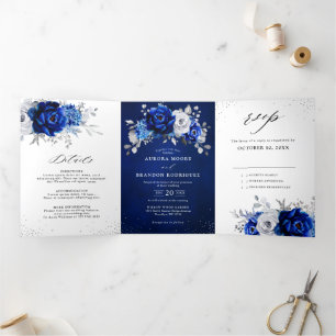 Faire-part Trois Volets Royal Bleu Blanc Métallurier Argent Mariage Floral