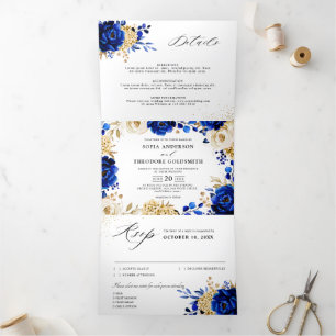 Faire-part Trois Volets Royal Bleu Jaune Or Mariage métallique Floral