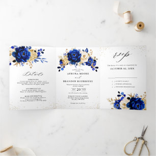 Faire-part Trois Volets Royal Bleu Jaune Or Mariage métallique Floral
