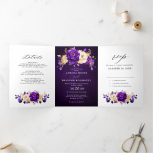 Faire-part Trois Volets Royal violet violet or Floral Mariage botanique