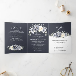 Faire-part Trois Volets Silver Grey ivoire Floral hiver Rustique Mariage T