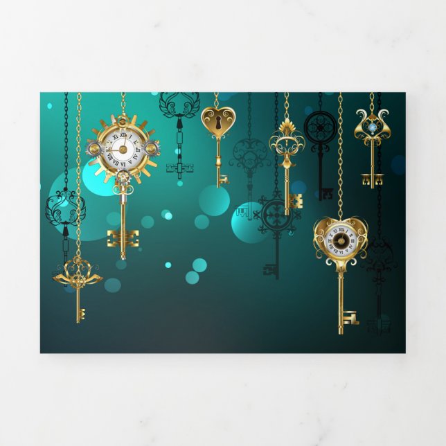 Faire-part Trois Volets Skeleton Keys on Green Background (Page de couverture)
