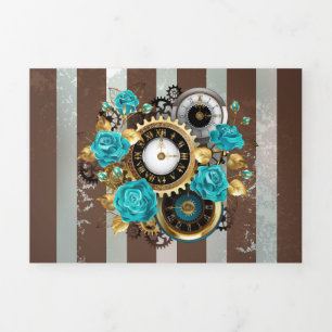 Faire-part Trois Volets Steampunk Clock and Turquoise Roses on Striped