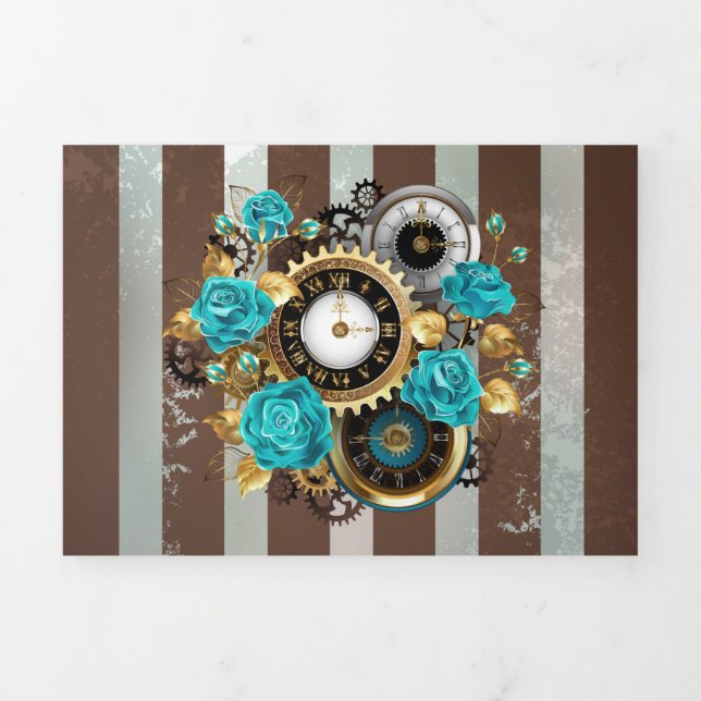 Faire-part Trois Volets Steampunk Clock and Turquoise Roses on Striped (Page de couverture)