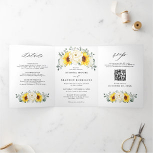 Faire-part Trois Volets Sunflower Ivory Peony Floral QR Code Mariage