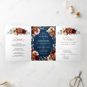 Faire-part Trois Volets Terracotta Marine Bleu Bourgogne Mariage géométriq