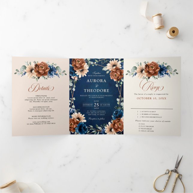 Faire-part Trois Volets Terracotta Marine Bleu Vert Mariage géométrique Tr (Intérieur)