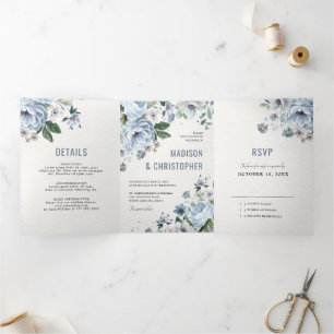 Faire-part Trois Volets Tons de gris bleu foncé hiver Mariage rustique