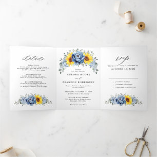 Faire-part Trois Volets Tournesol Dusty Blue Slate Peony Mariage floral