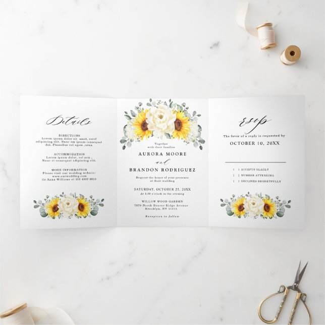 Faire-part Trois Volets Tournesol ivoire pivoine Floral Eucalyptus Mariage (Intérieur)