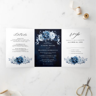 Faire-part Trois Volets Tri de mariage botanique floral Navy ardoise bleu 